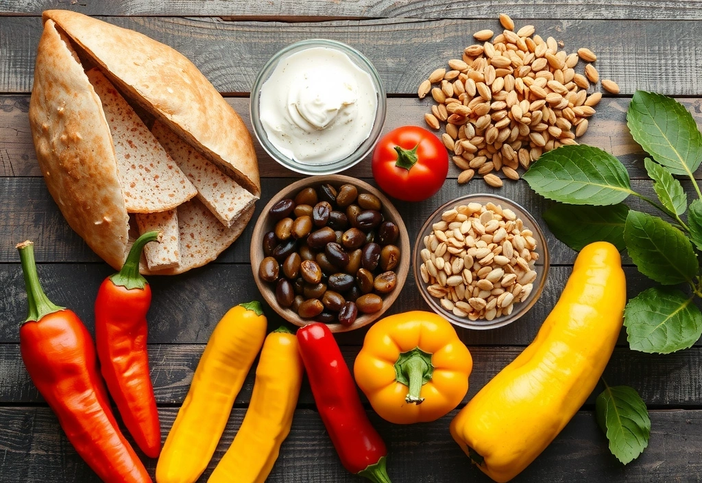 A variety of plant-based foods, including legumes, grains, and vegetables, on a rustic table.