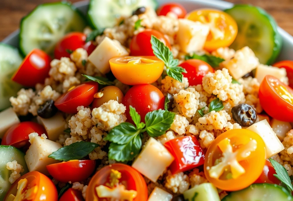 A vibrant quinoa salad with various fresh vegetables and a light dressing.