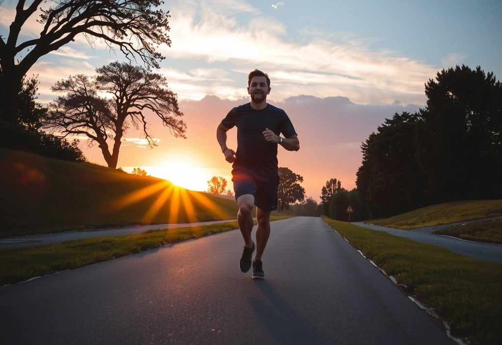 A person jogging through a scenic park at sunrise, emphasizing an active lifestyle.