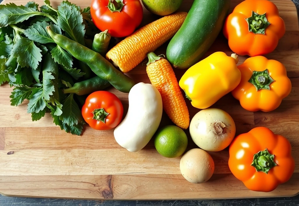 Assortment of colorful vegetables and fruits on a wooden cutting board, symbolizing healthy eating.