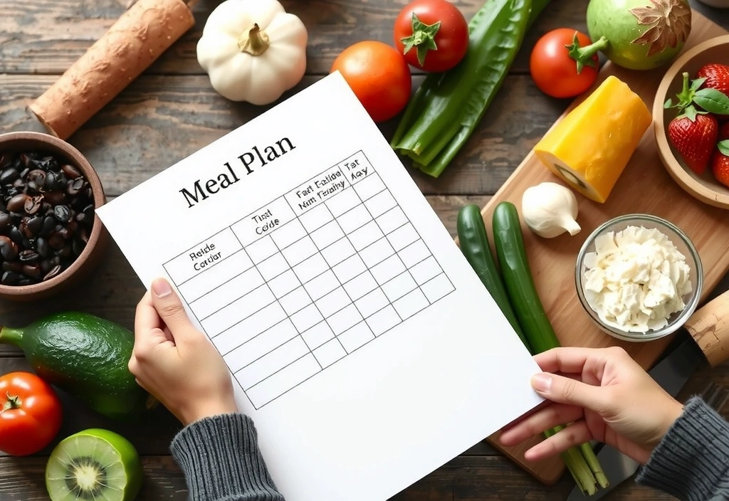 A person's hands holding a personalized meal plan document with fresh ingredients like fruits and vegetables spread around it on a wooden table. No text.