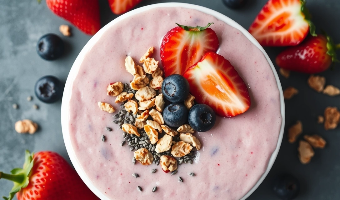 A vibrant smoothie bowl topped with fresh berries, granola, and chia seeds, visually appealing and healthy. No text.