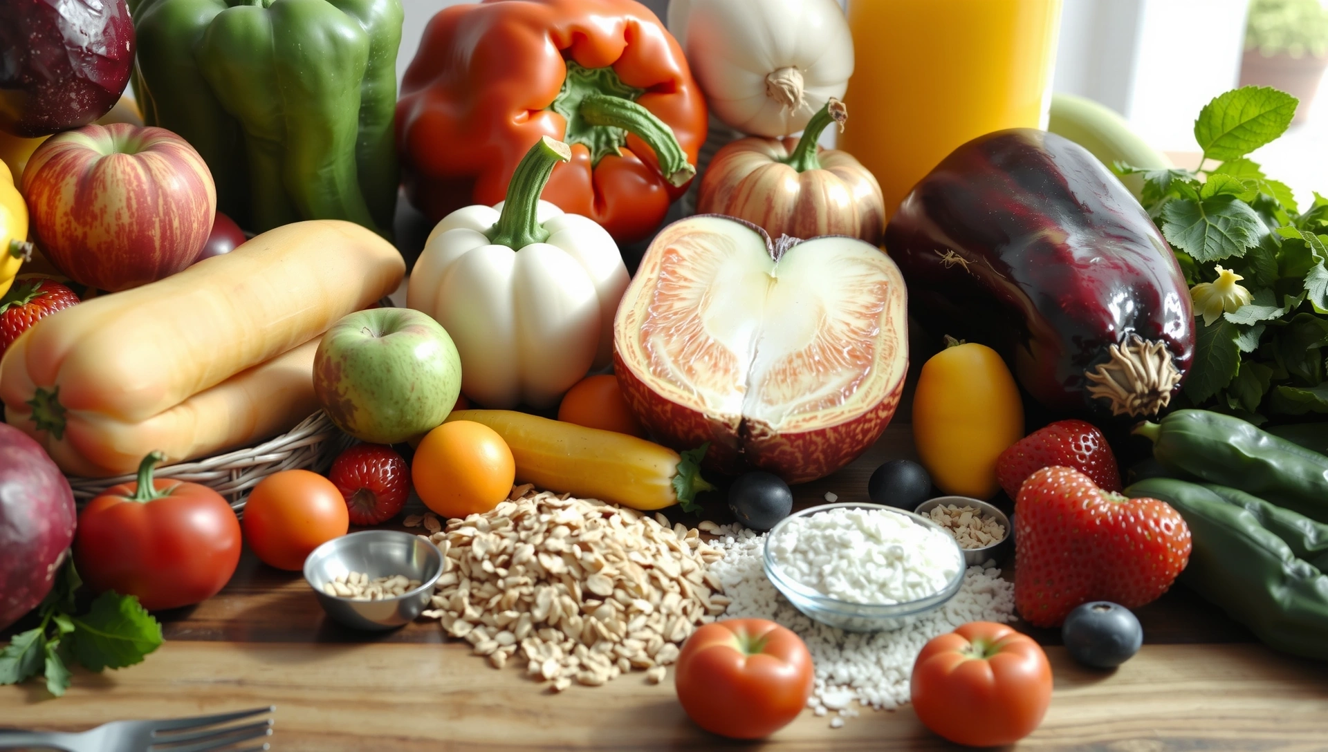 A vibrant and serene image of fresh fruits, colorful vegetables, and healthy grains beautifully arranged on a rustic wooden table, with soft, natural light illuminating the scene. No text or symbols.
