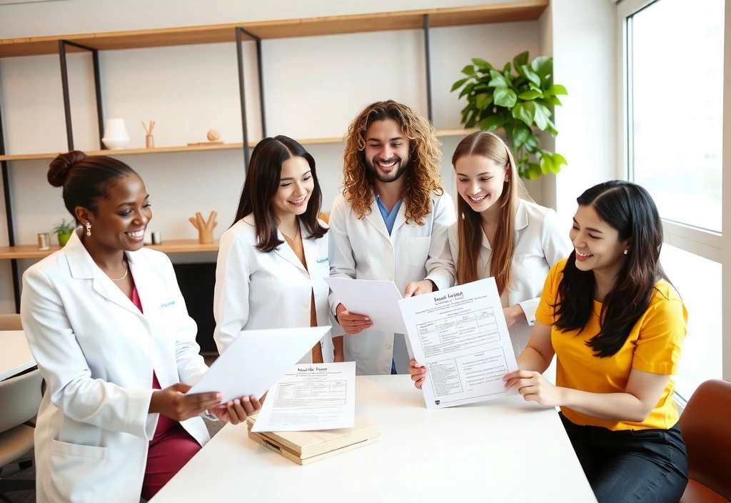 A diverse group of smiling, professional nutritionists in a modern, bright office setting, collaborating and reviewing health charts. No text.
